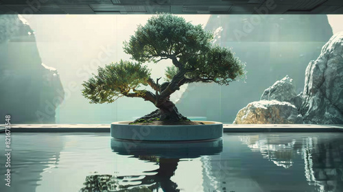 A zen-inspired design featuring a tranquil bonsai tree in a minimalist style.