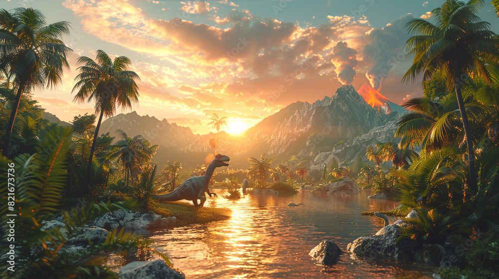 Naklejka premium Playful dinosaurs roaming through a prehistoric landscape filled with palm trees and volcanoes.