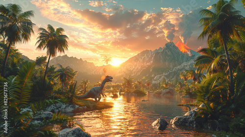 Playful dinosaurs roaming through a prehistoric landscape filled with palm trees and volcanoes.