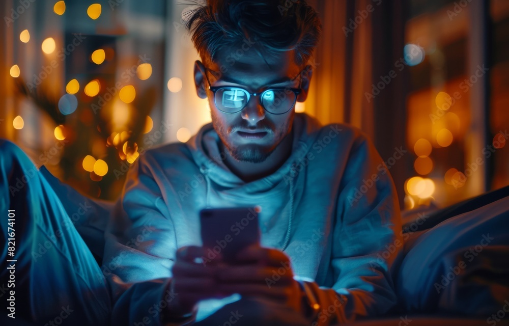 Cheerful caucasian teenage boy using mobile phone while lying in bed at night in his room Cheerful caucasian teenage boy using mobile phone while lying in bed at night in his room