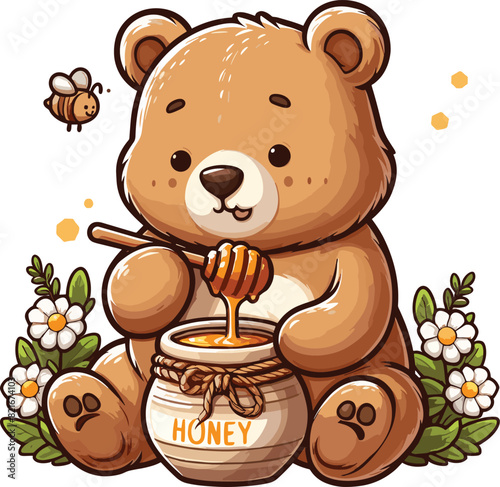 A bear sitting and eating honey from the pot