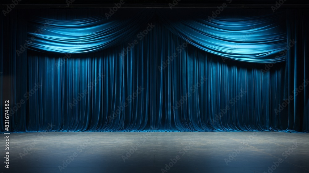 Blue velvet curtains drawn back to reveal an empty stage with two spotlights. The stage is set for a grand performance.