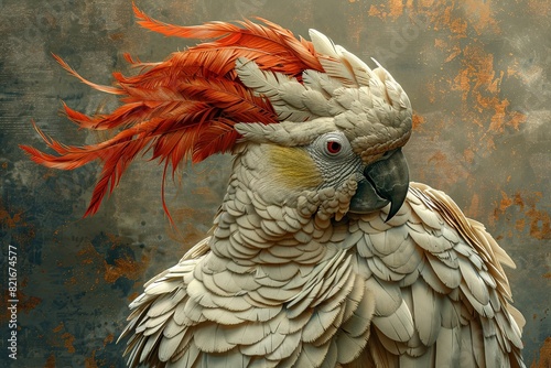 Red-Haired Masculine Parrot: Fierce Fantasy Portrait Digital Painting photo