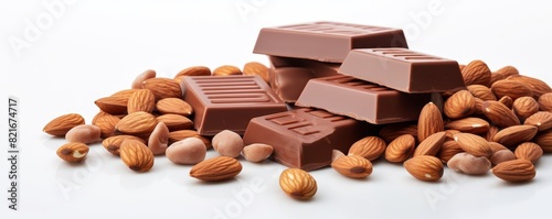 Chocolate squares and almonds on white background.