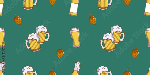 Mug and glass of beer illustration. Cute and seamless pattern on the theme of Beer Day. It can be used for wrapping paper, gift wrapping, textiles, etc.