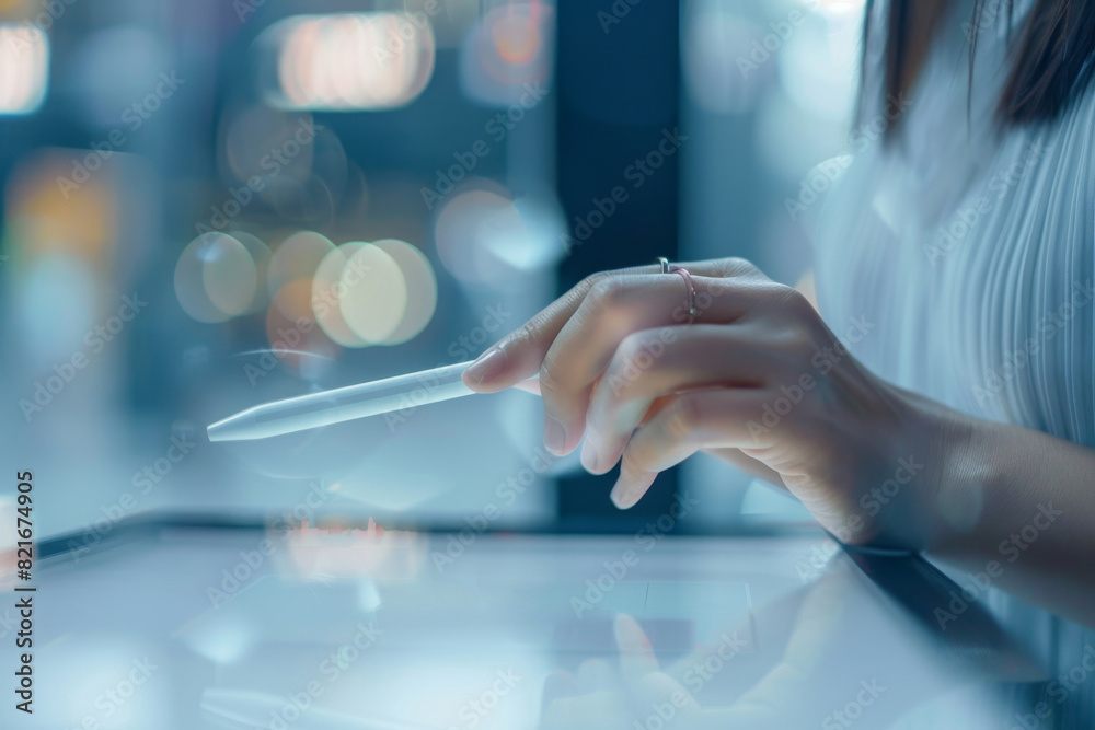Woman in suit using stylus on tablet with cityscape in background. Woman in suit using stylus on tablet with cityscape in background.