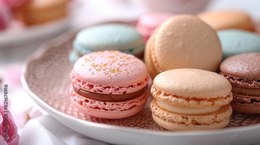 A plate of assorted macarons in pastel colors, filled with a variety of sweet and creamy flavors.