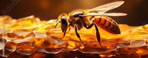 Close-up of a bee on a honeycomb.