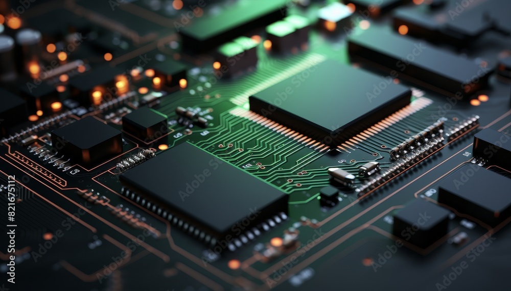 Close-up of a circuit board with glowing components. The intricate design of the board is a metaphor for technology and innovation. Close-up of a circuit board with glowing components. The intricate design of the board is a metaphor for technology and innovation.