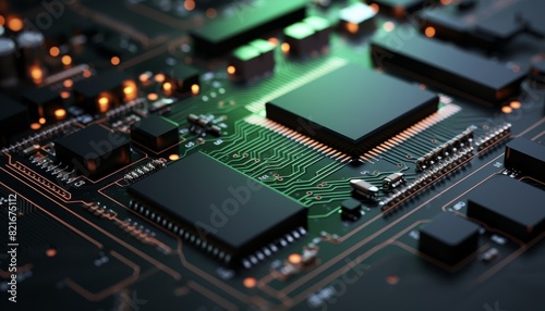 Close-up of a circuit board with glowing components. The intricate design of the board is a metaphor for technology and innovation.