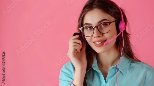Friendly Young Customer Service Representative Smiling on Color Background photo