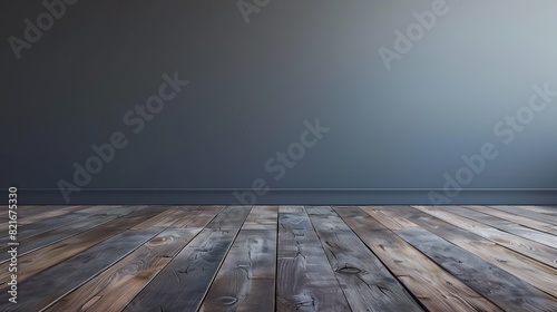 A dark brown wooden floor complements a plain gray wall, highlighting the minimalist design. photo