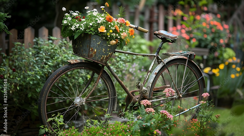 An old bicycle used as a garden decoration flowers blooming in its basket An old bicycle used as a garden decoration flowers blooming in its basket