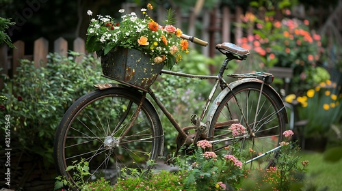 An old bicycle used as a garden decoration flowers blooming in its basket