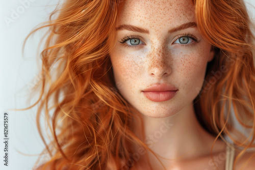 Front view portrait of young woman with long curly red hair on a white background.