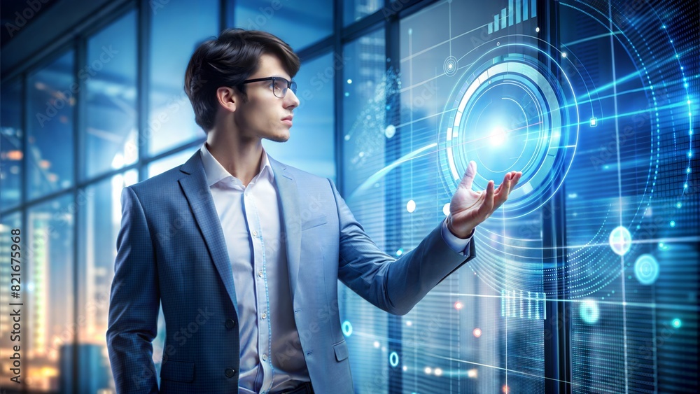 A young tech entrepreneur in a smart casual outfit, using a futuristic augmented reality interface, with digital data floating around.
A young tech entrepreneur in a smart casual outfit, using a futuristic augmented reality interface, with digital data floating around.