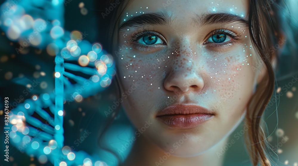 A young woman is seen in profile, her face illuminated by the glow of an AI interface that has digital lines and dots connecting to create facial features on top of a double helix DNA structure.