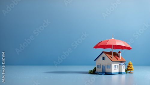 A yellow umbrella is opened over a small house.