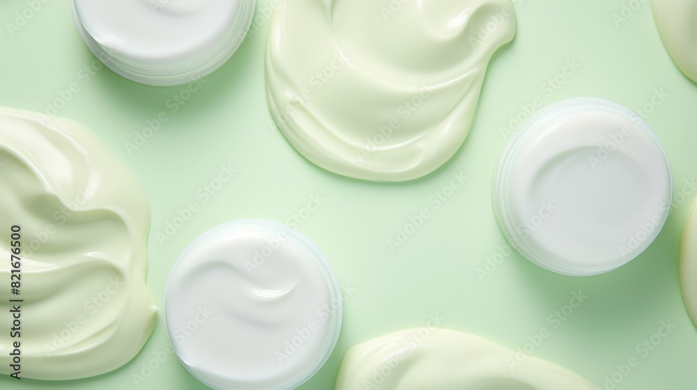 Creamy skincare products in white and green jars, with swirls of product on a soft green background. Creamy skincare products in white and green jars, with swirls of product on a soft green background.