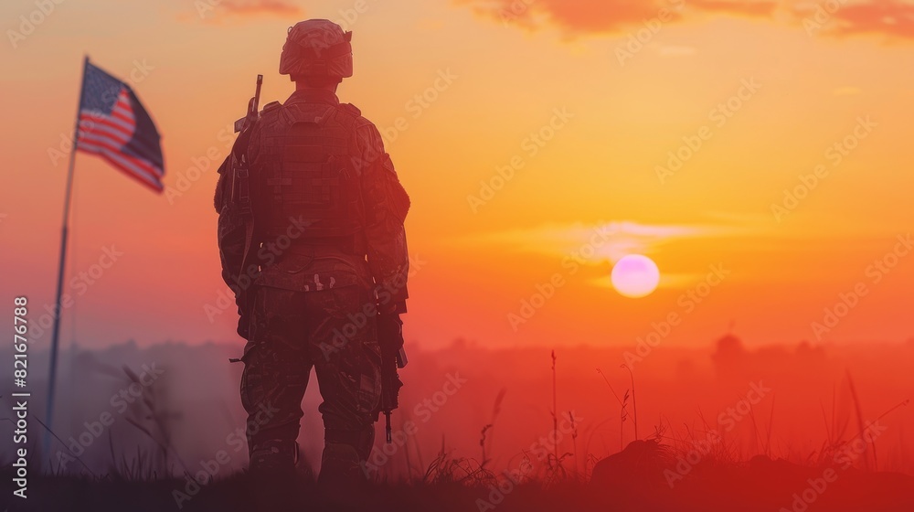 Soldier standing on a field with USA flag and looking at the sunrise Soldier standing on a field with USA flag and looking at the sunrise