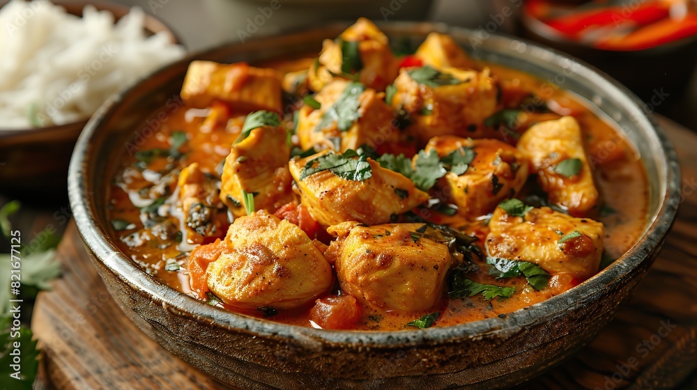 A photo of a hearty chicken curry with tender pieces of chicken simmered in a fragrant tomato and coconut milk sauce.