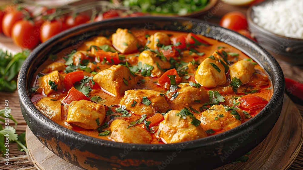 A photo of a hearty chicken curry with tender pieces of chicken simmered in a fragrant tomato and coconut milk sauce. A photo of a hearty chicken curry with tender pieces of chicken simmered in a fragrant tomato and coconut milk sauce.
