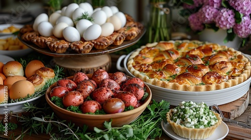 A photo of a festive Easter brunch with a variety of dishes, such as quiche, deviled eggs, fruit salad, and pastries. photo
