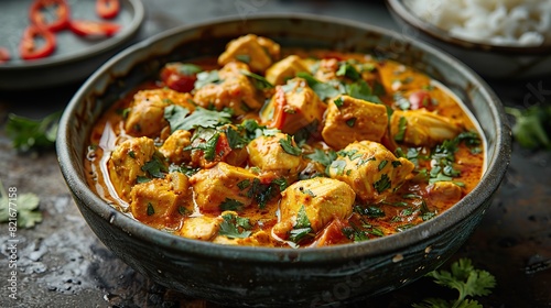 A photo of a hearty chicken curry with tender pieces of chicken simmered in a fragrant tomato and coconut milk sauce.