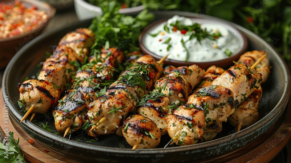 A photo of a platter of grilled chicken skewers marinated in herbs and spices, served with a side of tzatziki sauce.