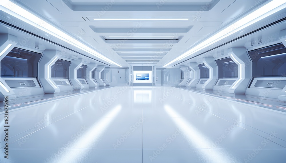 Obraz premium Futuristic white corridor with glowing lights and sleek design.