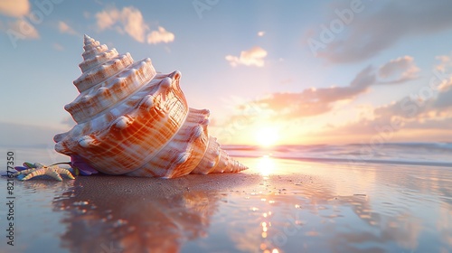   Close-up sea shell on beach with sunset clouds © Anna