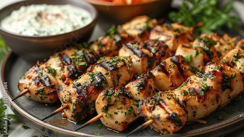 A photo of a platter of grilled chicken skewers marinated in herbs and spices, served with a side of tzatziki sauce.