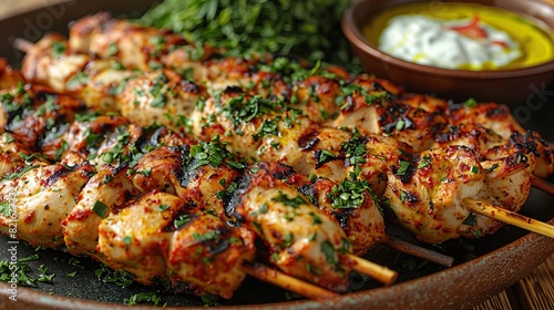 A photo of a platter of grilled chicken skewers marinated in herbs and spices, served with a side of tzatziki sauce.