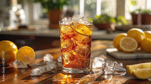 A photo of a refreshing glass of iced tea made with brewed black tea, lemon, and a touch of sweetness.