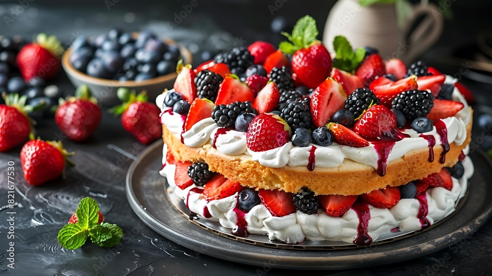 Berry layer cake with whipped cream and fruit topping Berry layer cake with whipped cream and fruit topping