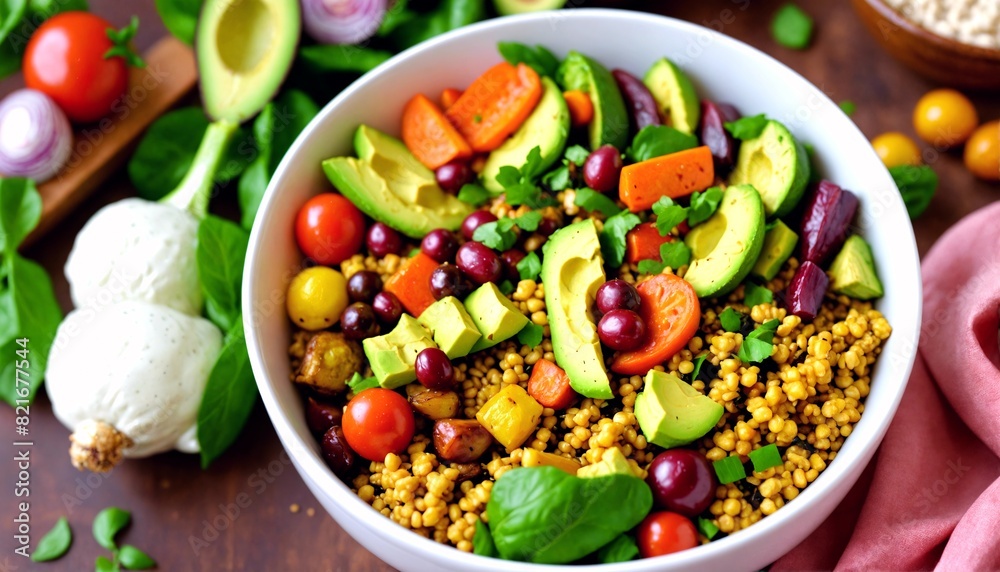 Colorful and nutritious vegan Buddha bowl filled with roasted vegetables, quinoa, avocado and a tahini dressing. Colorful and nutritious vegan Buddha bowl filled with roasted vegetables, quinoa, avocado and a tahini dressing.