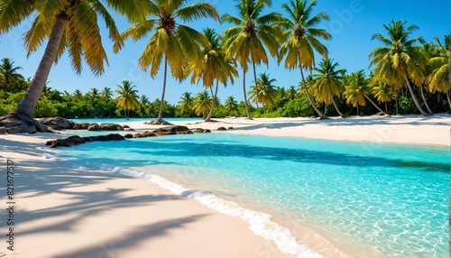 Stunning crystal clear turquoise waters lap onto pristine white sandy beaches  surrounded by swaying palm trees.
