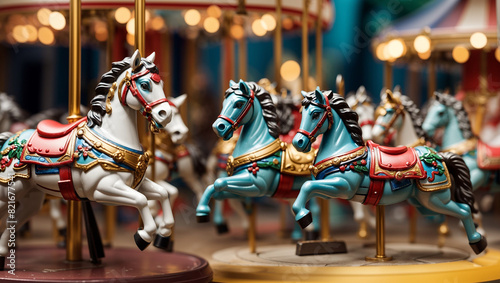A carousel with white and blue horses.
