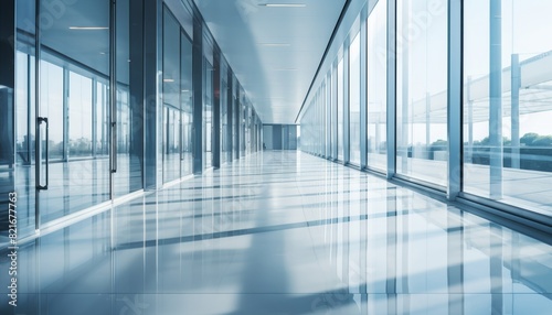 Modern office hallway with large windows and sleek glass doors  reflecting sunlight. Clean and spacious interior design.