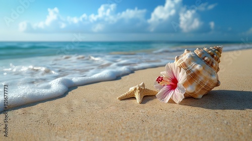  Seashell and starfish on sandy beach with ocean and sky background