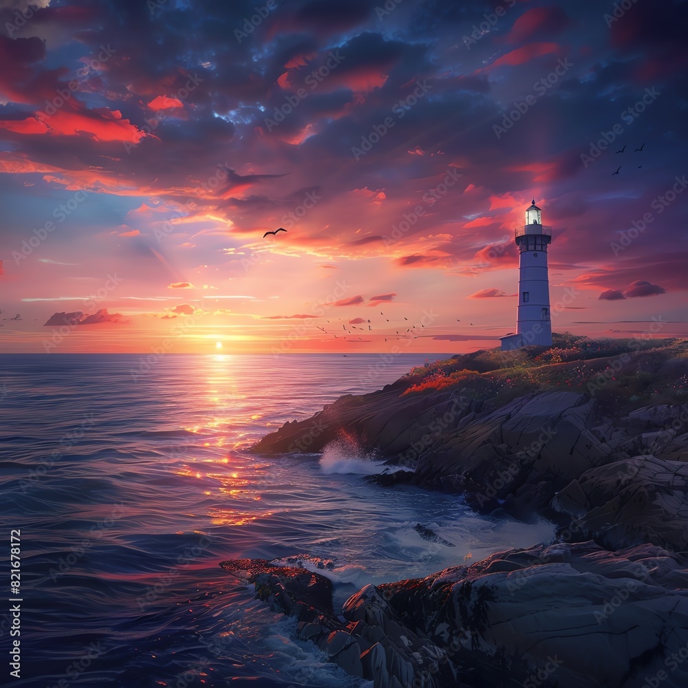 A lighthouse stands on a rocky coast, guiding ships safely through the night. The setting sun casts a warm glow over the scene.