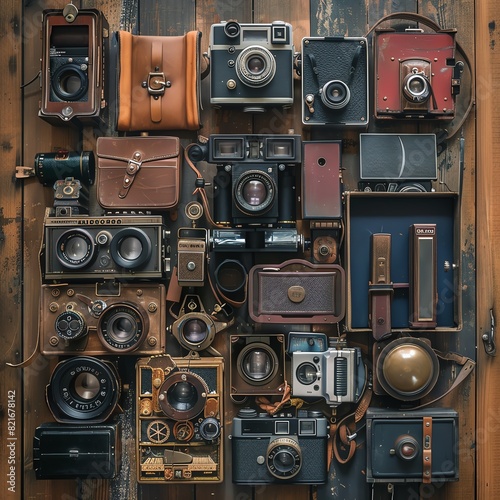 A collection of vintage cameras and photography equipment from the early 20th century.