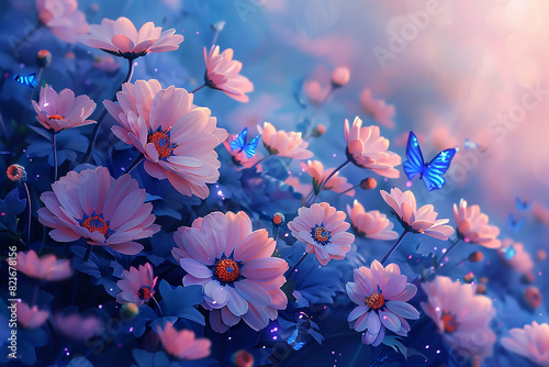 Flowers background with amazing spring sakura with butterflies. Flowers of cherries. photo