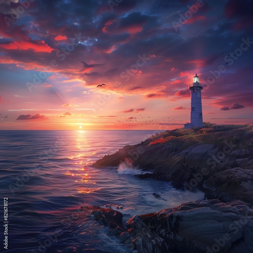 A lighthouse stands on a rocky coast  guiding ships safely through the night. The setting sun casts a warm glow over the scene.
