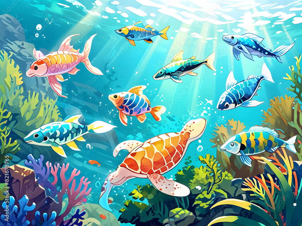 A group of adorable sea creatures frolicking in the crystal clear waters, with their colorful scales glistening in the sunlight.