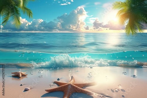 Starfish on Sandy Beach With Palm Trees. Generative AI