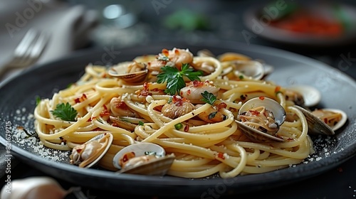 A dish of spaghetti alle vongole with clams and garlic. photo