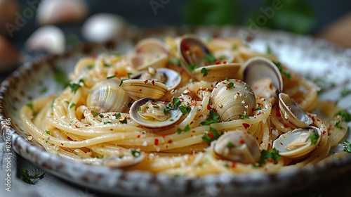 A dish of spaghetti alle vongole with clams and garlic. photo