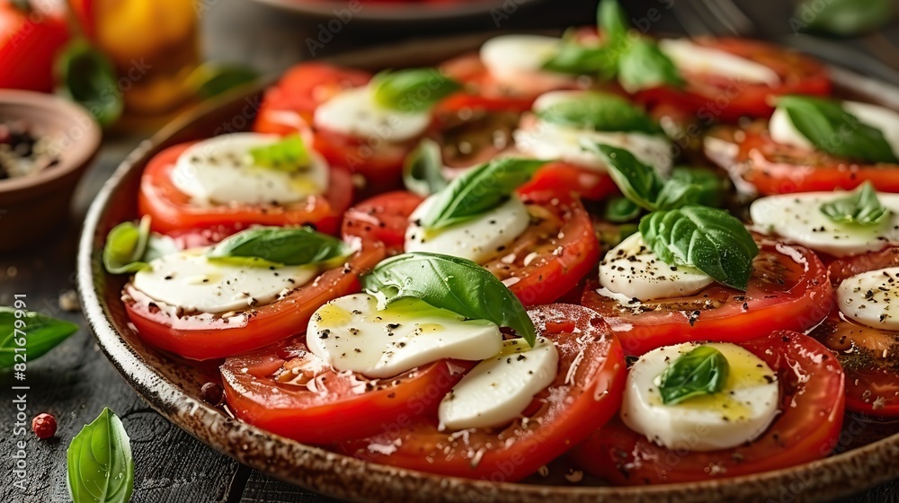 A fresh caprese salad with sliced tomatoes, mozzarella, and basil.