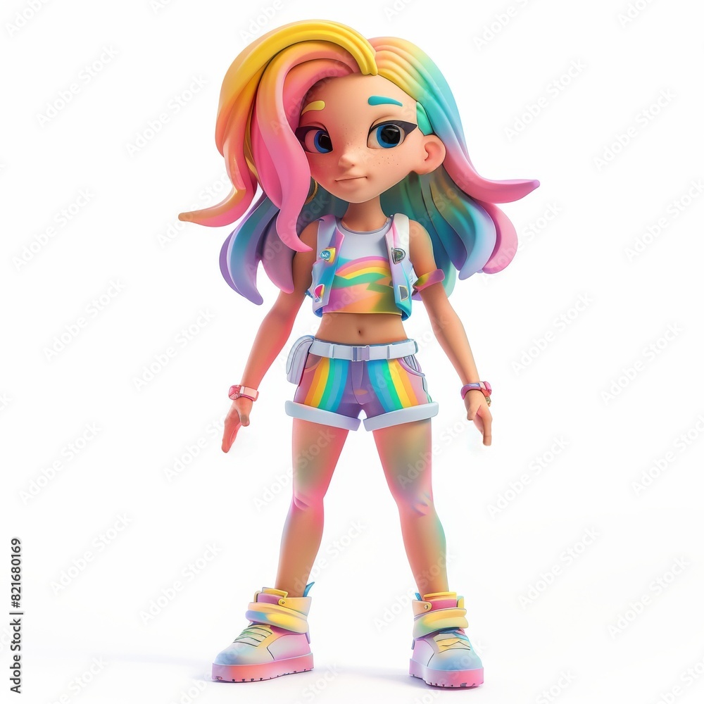 Adorable 3D cartoon girl character with vibrant rainbow hair and matching outfit, perfect for playful and creative themes. Adorable 3D cartoon girl character with vibrant rainbow hair and matching outfit, perfect for playful and creative themes.